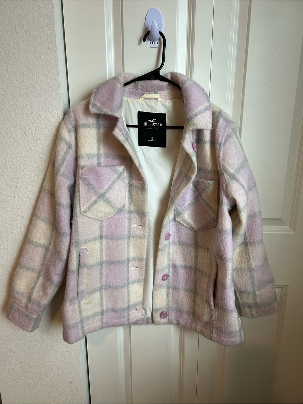 Hollister Pastel Pink & Cream Plaid Shacket Jacket